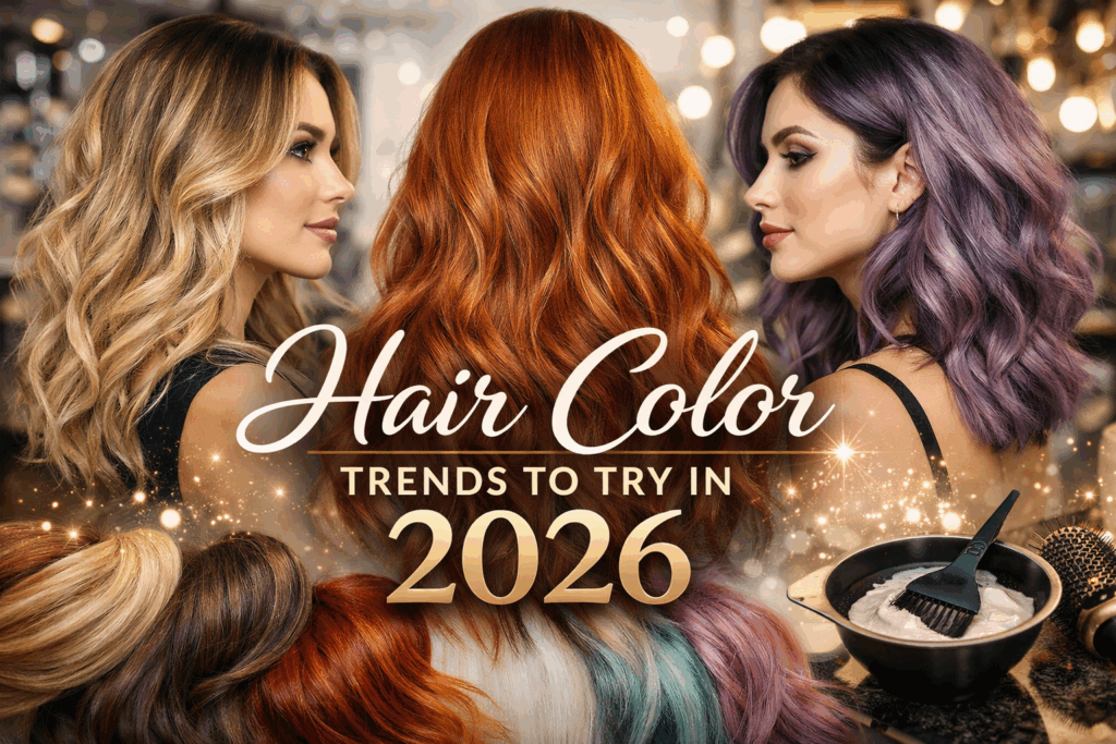 Three women with blonde, copper, and lavender hair showcasing 2026 hair color trends in a modern salon setting
